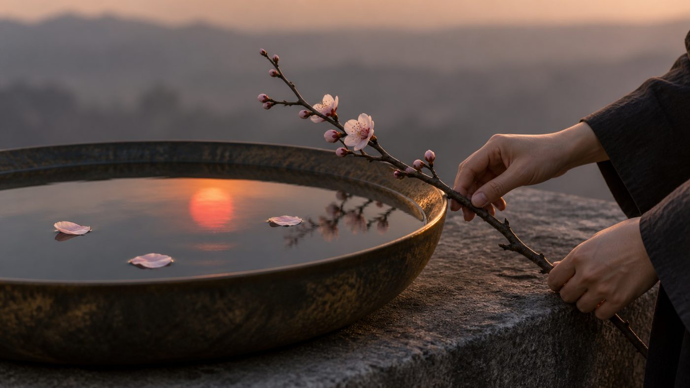 A pair of hands rests a sparse branch of peach blossom against a shallow bronze basin of still water on a stone ledge, the small red disc of a setting sun reflected in the water among a few floating petals.