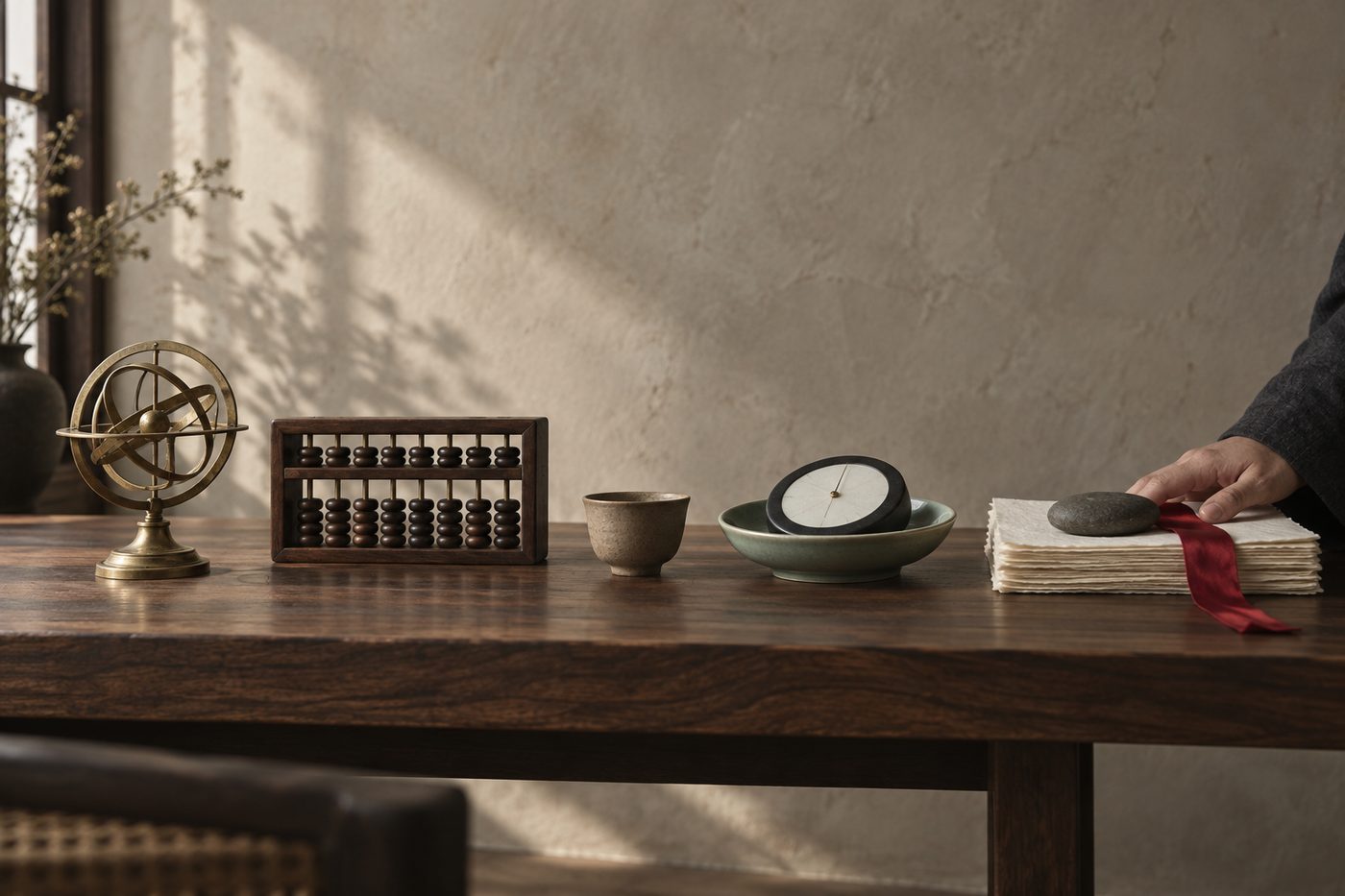 Four objects in a line on a dark walnut table, a brass ring stand, a wooden counting frame with dark beads, a black stone compass with a blank white face in a celadon dish, and a stack of rice paper under a river stone with a red silk ribbon across it, lit from the left, while a hand in a charcoal linen sleeve rests on the paper.