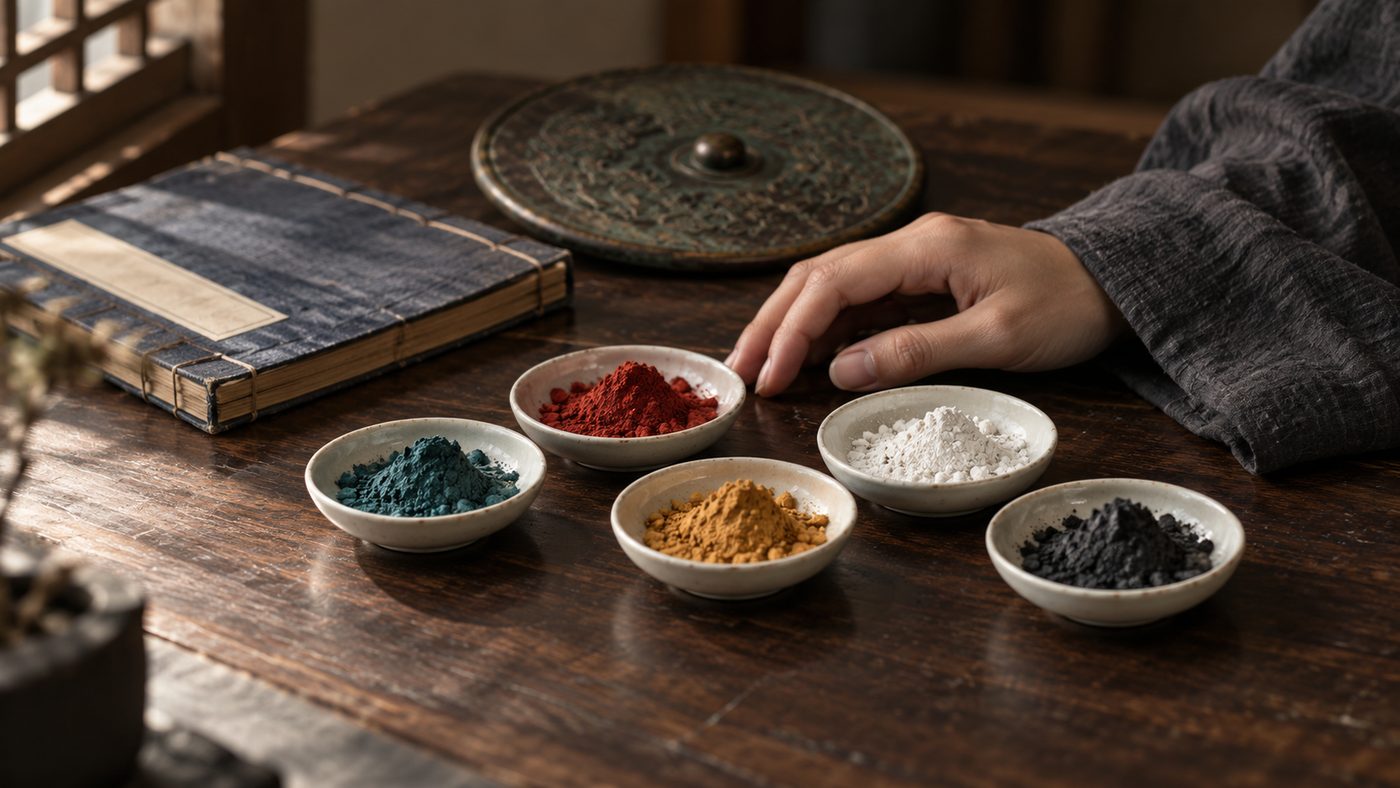 Five small porcelain dishes of blue-green, red, yellow, white and black pigment on a dark desk in window light, with a closed indigo-covered book, a face-down bronze mirror and a hand resting at the edge.
