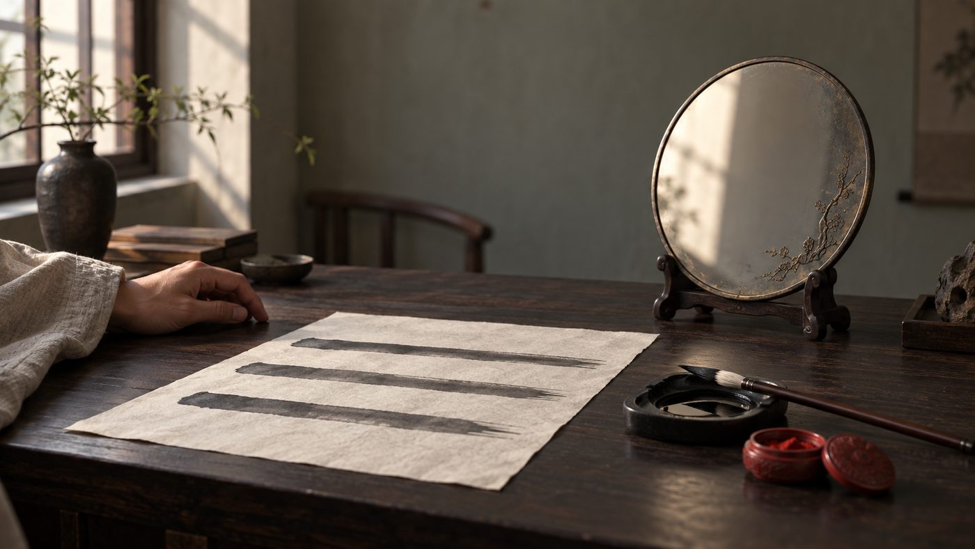 A round bronze mirror on a stand on a dark scholar's desk in window light, beside a sheet of rice paper brushed with three even horizontal ink bands, a brush on an inkstone, a red paste box, and a reader's hand resting at the edge of the desk.