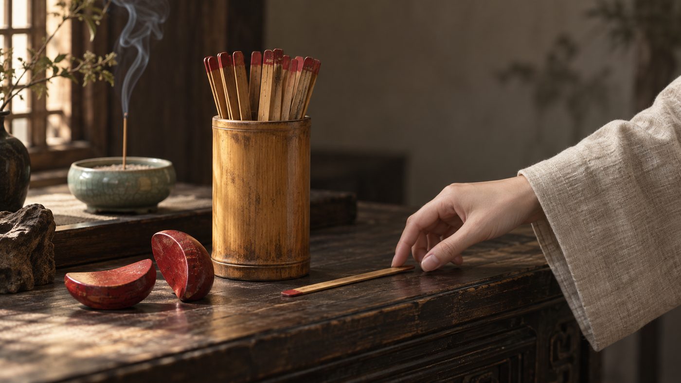 A bamboo fortune-stick cup on a dark wooden altar with one stick fallen out and a pair of red moon blocks beside it.