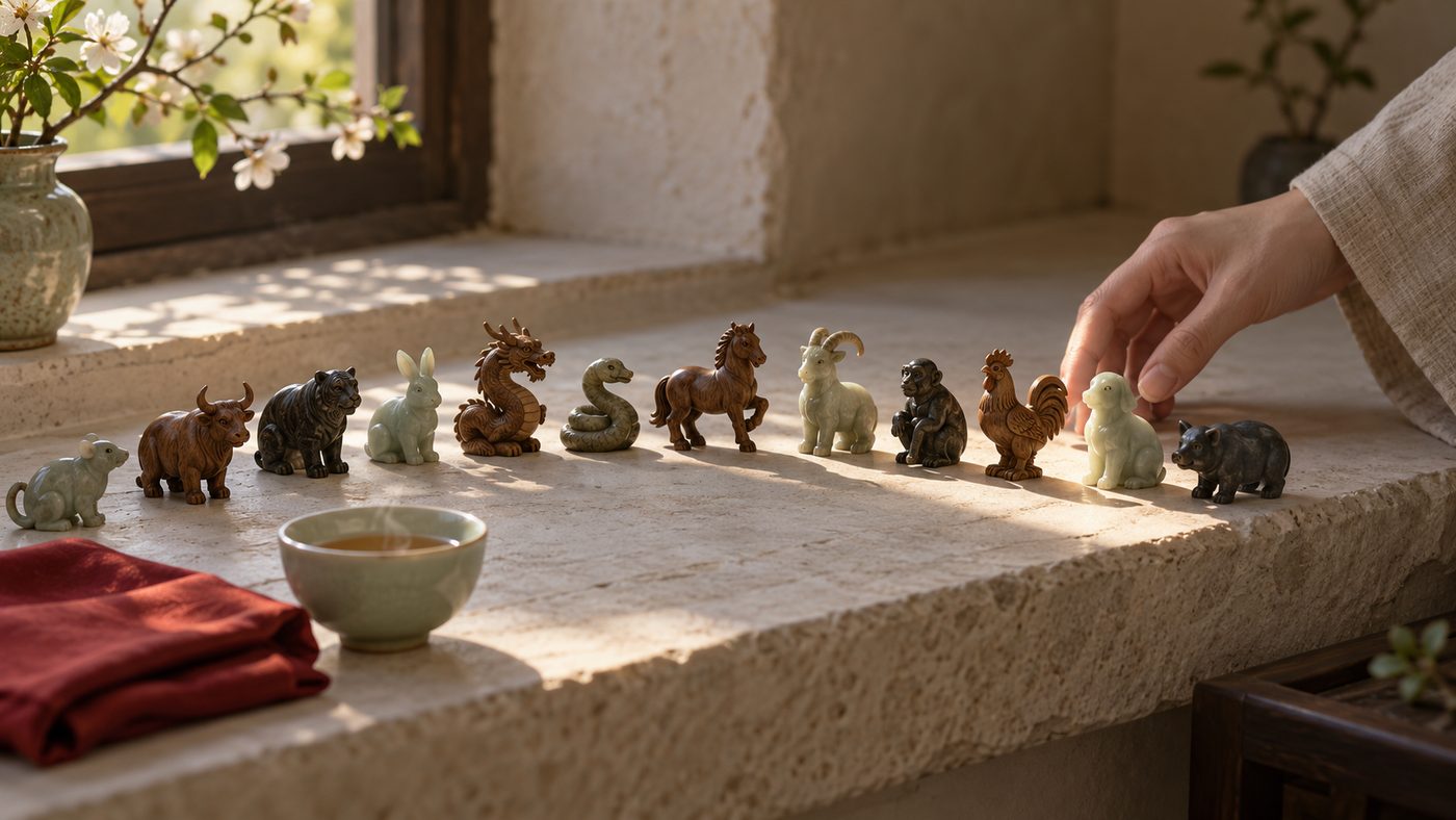 Twelve small carved zodiac animal figurines in an arc on a stone ledge in a bar of morning sun.