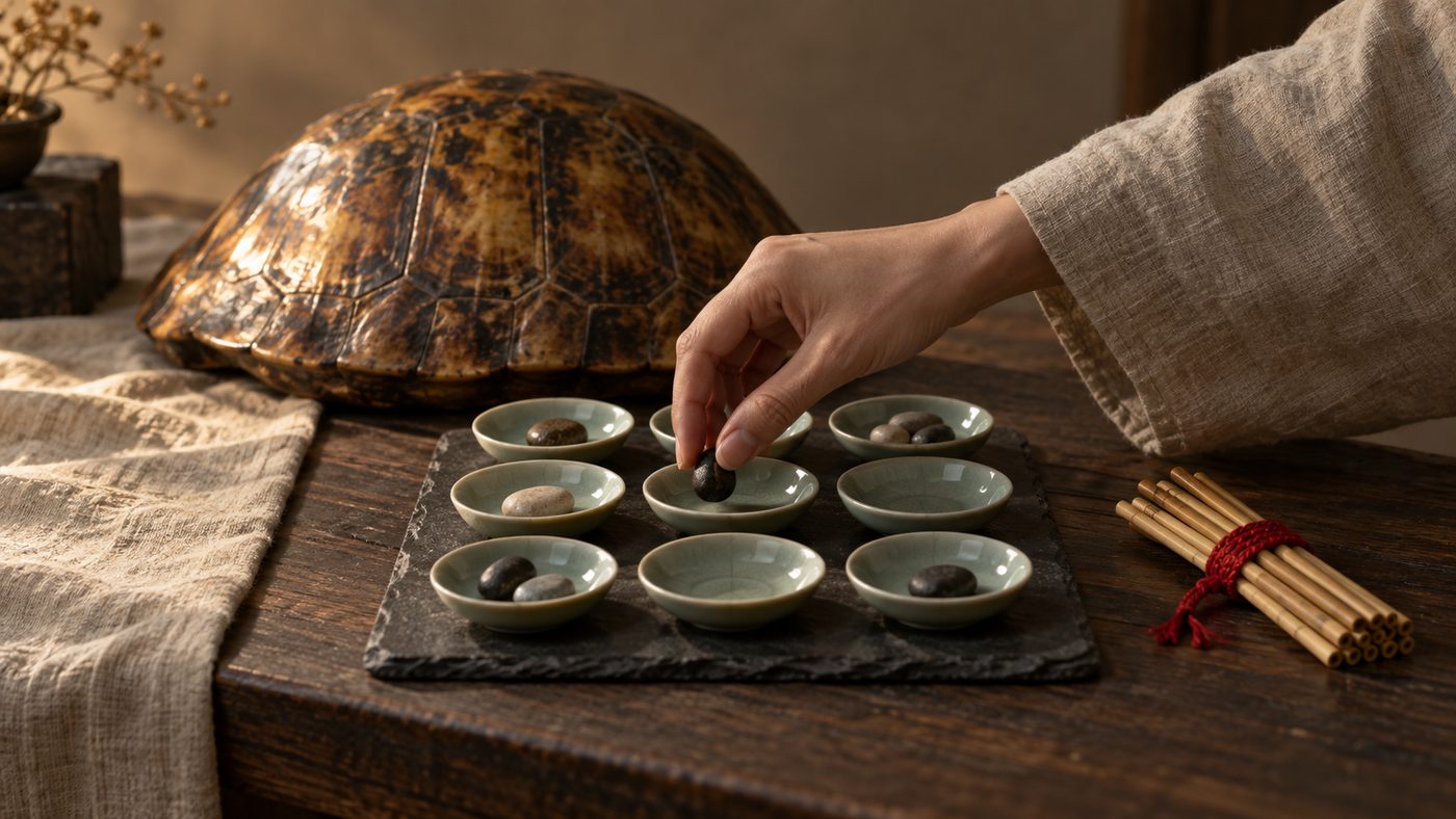 An antique tortoise shell behind nine small celadon dishes set in three rows of three on slate, a bundle of bamboo counting rods tied with red cord beside them, and a hand placing a pebble in the center dish.