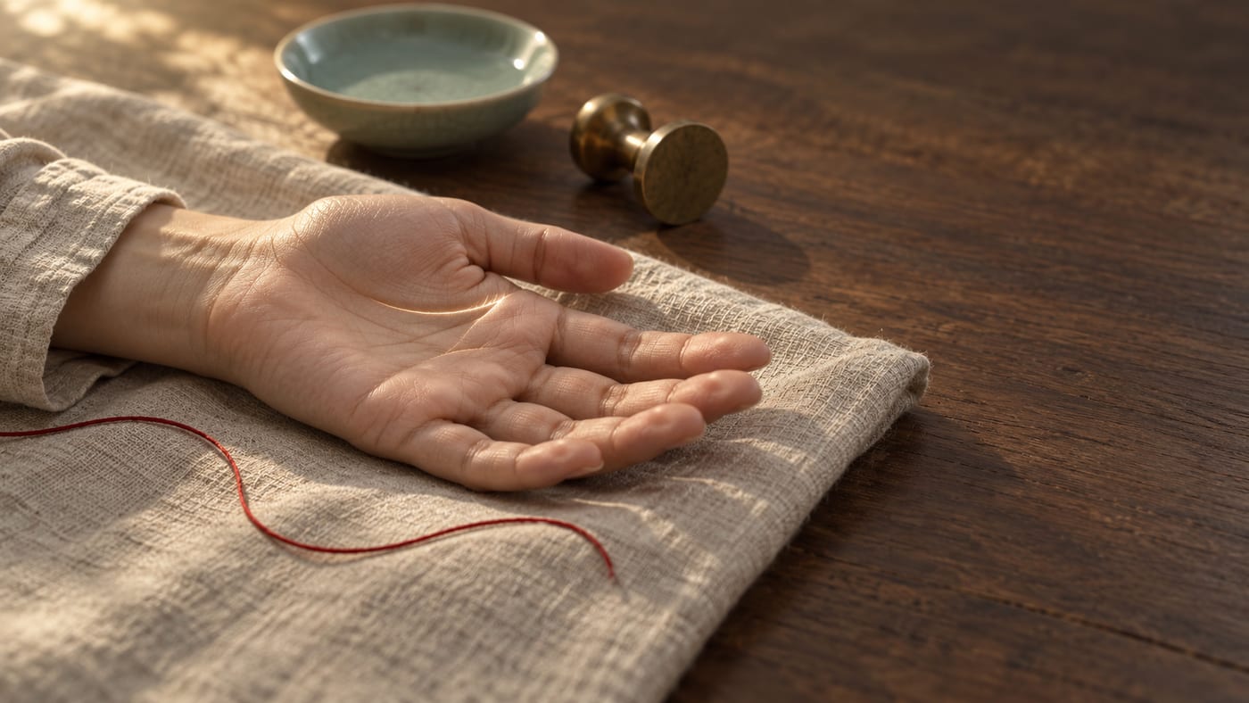 A relaxed open hand resting palm up on natural linen in raking afternoon light, the crease just below the fingers catching the light, a celadon dish and a bronze seal behind it and a red silk thread by the fingertips.