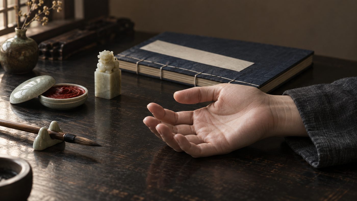 An open hand resting palm up on a dark scholar's desk in window light, beside a closed thread-bound book with an indigo cover, a jade seal, a dish of red seal paste and a brush.