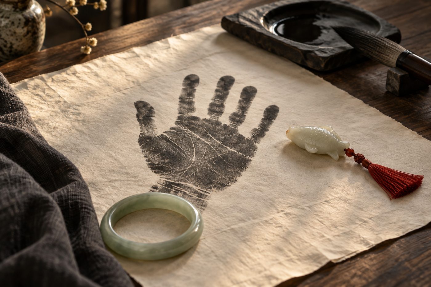 A black ink print of an open hand on rice paper, a celadon jade bangle below its wrist and a small white jade fish beside it, with an inkstone and brush at the edge.