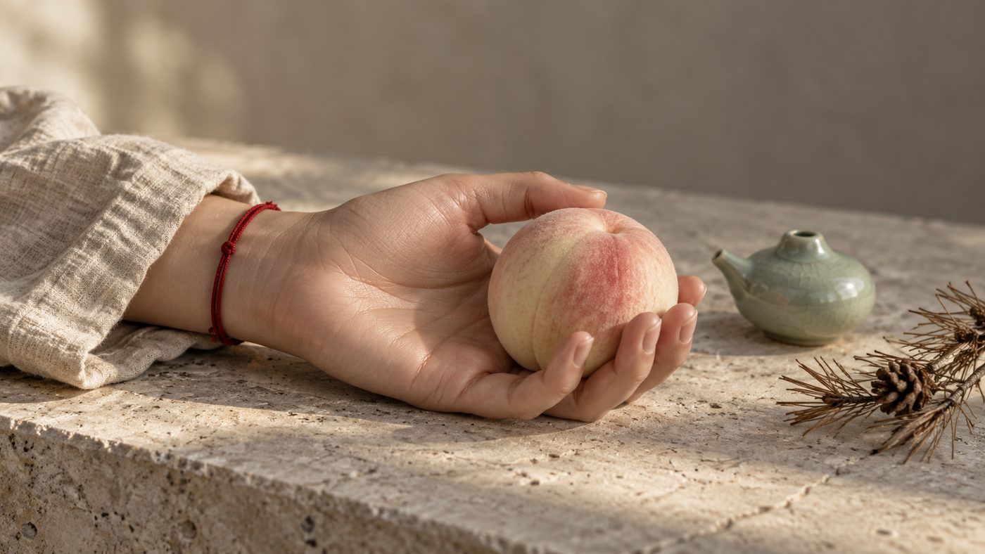 An open left hand resting palm up on pale stone in side light, the crease around the base of the thumb catching the light, a red silk cord at the wrist and a white peach in the fingers beside a celadon water dropper.