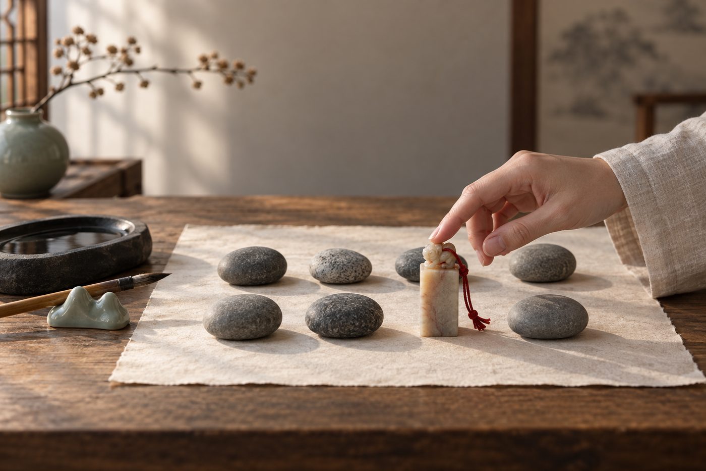 Eight river pebbles in two rows on rice paper, seven plain gray and one a small standing soapstone seal with a red cord, a brush on a celadon rest and an inkstone beside them, lit from the left, while a hand in a pale linen sleeve touches the seal.