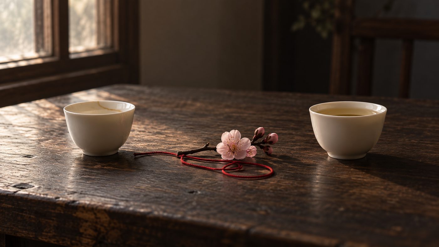 Two porcelain teacups on a dark wooden table in low window light, one full and one barely touched, a sprig of peach blossom lying between them and a length of red cord coiled beside it.