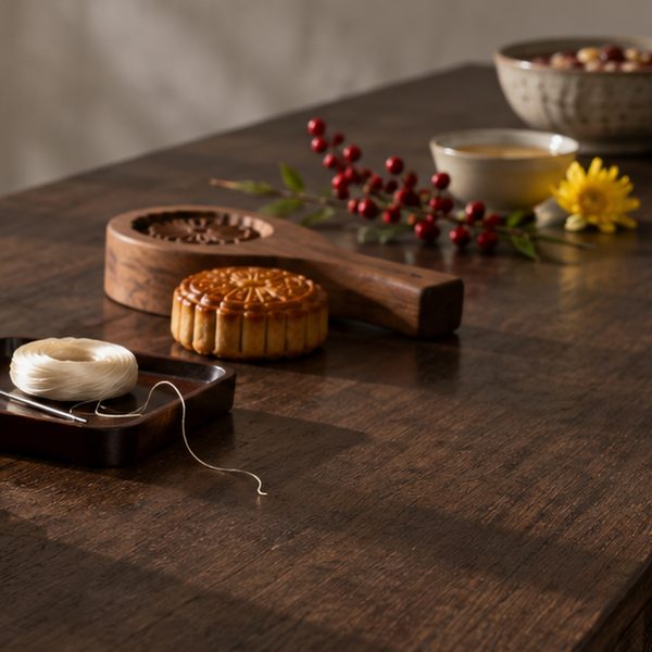 A mooncake beside its wooden mold, a spool of silk thread, red dogwood berries and a cup of chrysanthemum wine on a dark table.