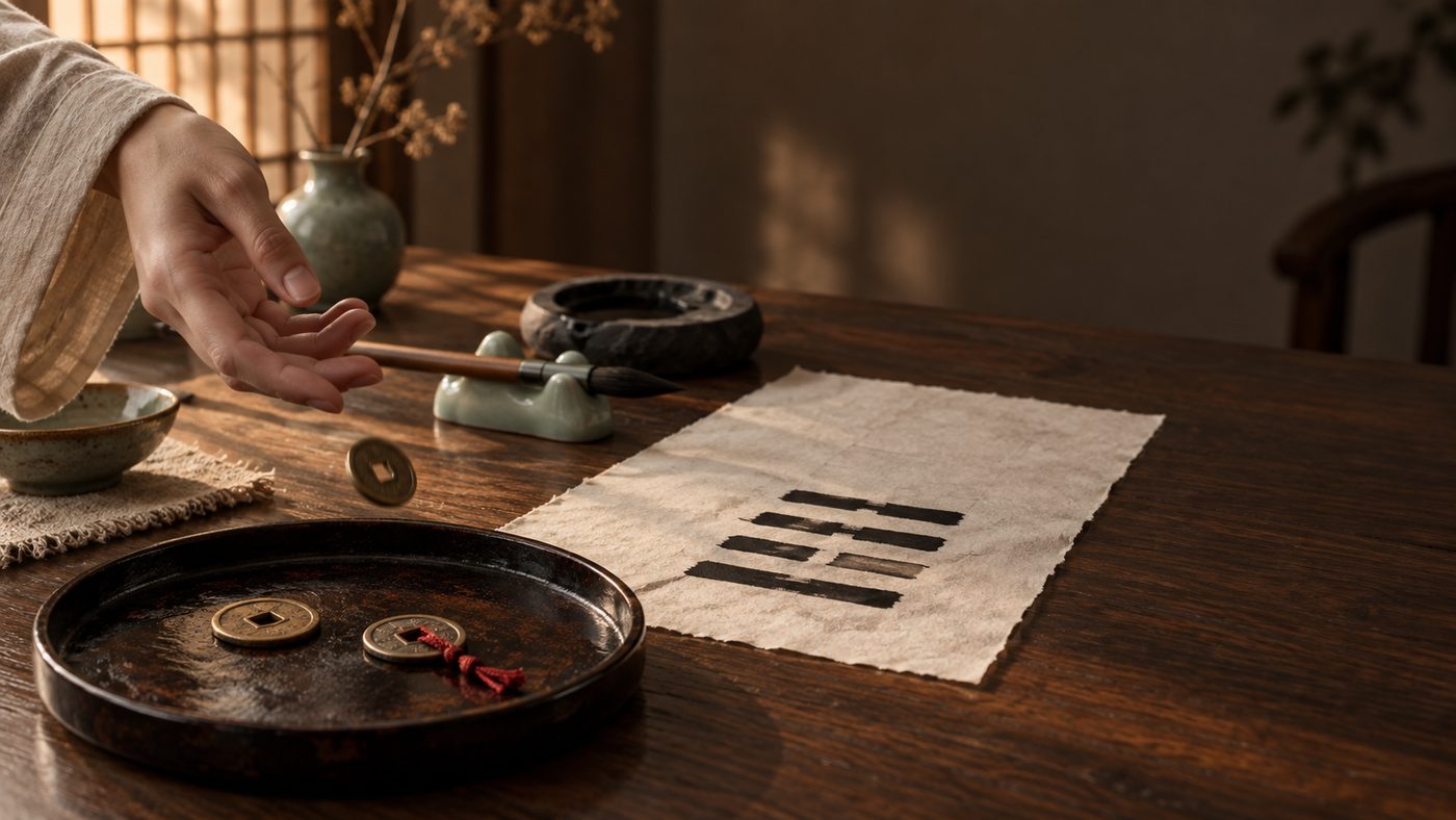 A hand releases three old bronze coins over a lacquer tray, one caught mid-air, beside rice paper where four lines of a hexagram have been brushed in from the bottom up.