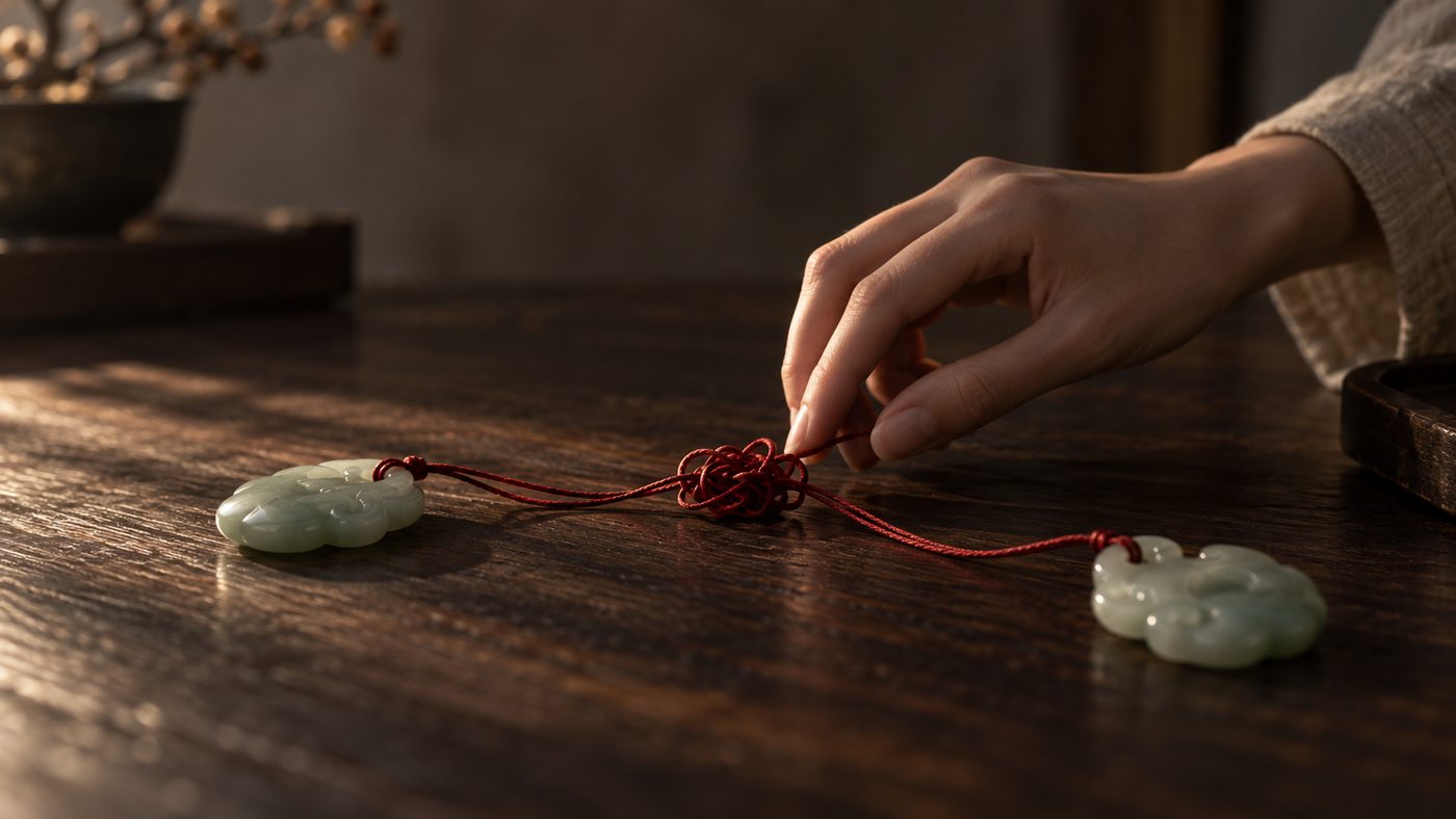 Two small carved jade pendants on a dark wooden table, their red silk cords snarled into one tight knot between them, and a hand reaching in to pick at the knot in low side light.
