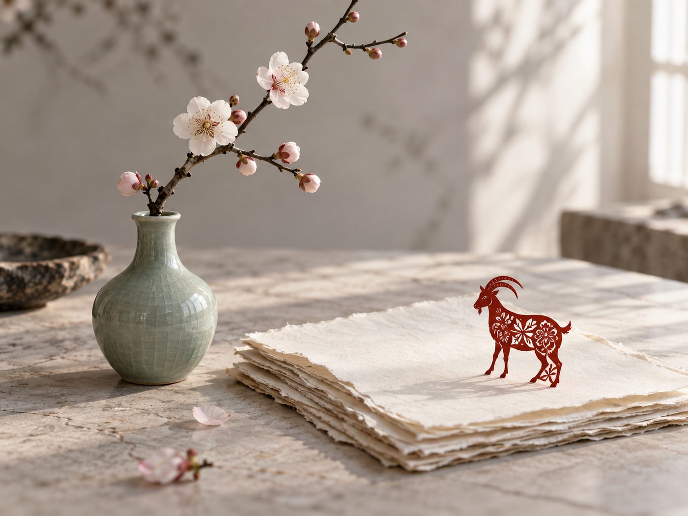 A branch of plum blossom in a crackled celadon vase on a stone table, beside a stack of deckle-edged paper with a small red paper-cut goat standing on it, in soft side light.