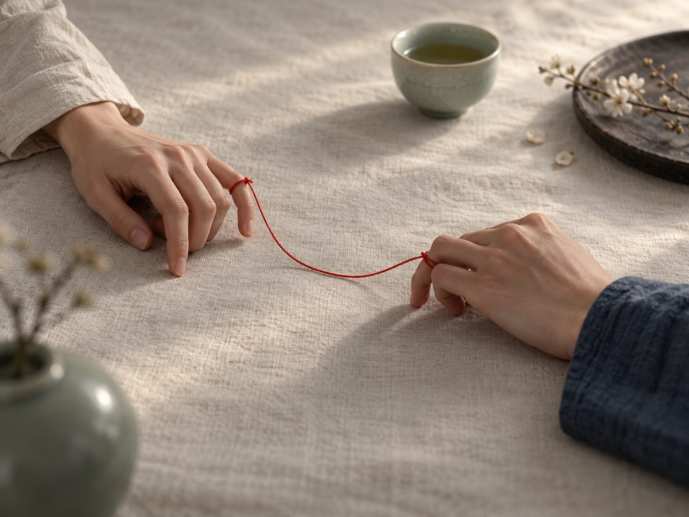 Two hands resting on a linen tablecloth, one in a cream sleeve and one in a navy sleeve, joined at the little fingers by a loose red thread, with a celadon tea cup and a sprig of blossom nearby.