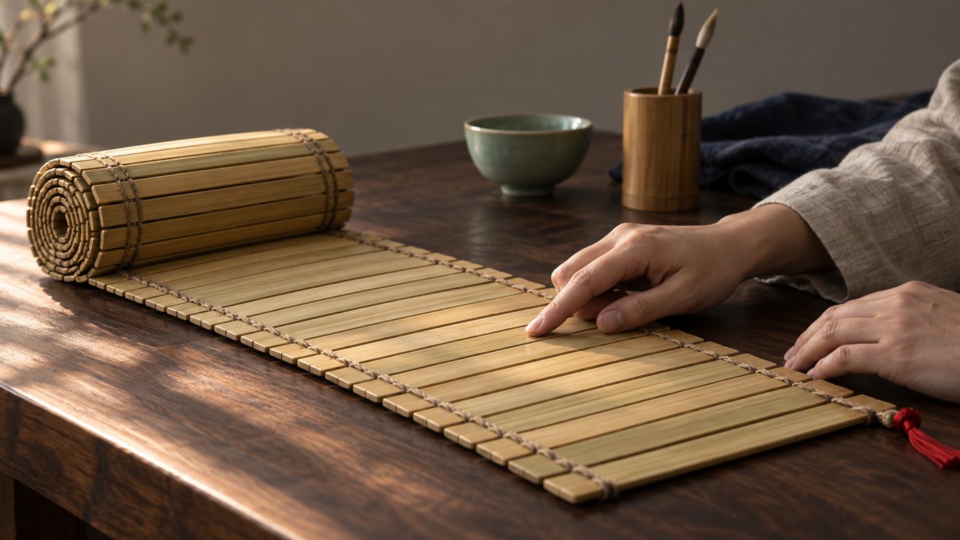 A long roll of unmarked bamboo slips bound with hemp cord lies partly unrolled across a dark wooden table in low side light, the far end still coiled, while a hand in a linen sleeve rests a fingertip on one slip.