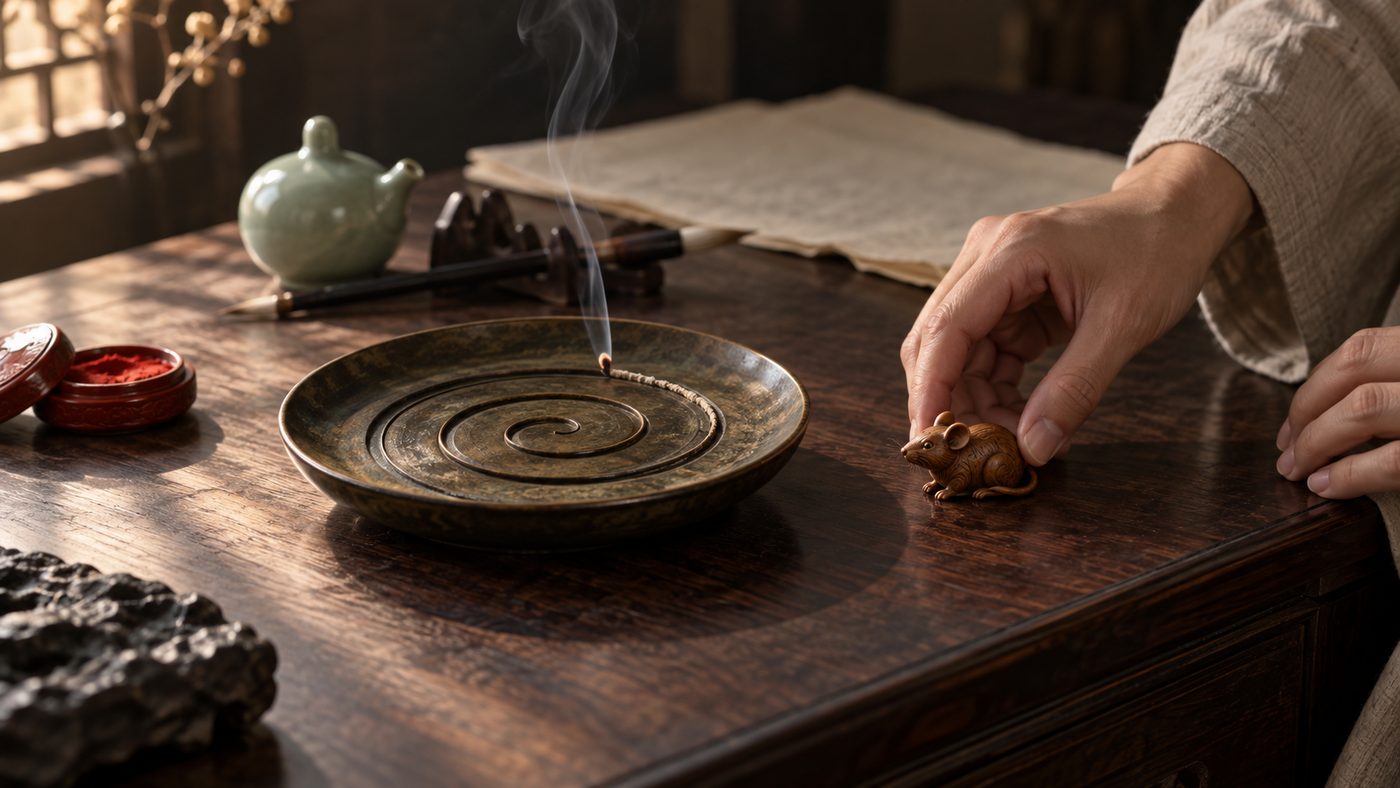 A bronze incense clock shaped like a shallow dish sits on a scholar's desk in low morning light, a single line of incense ash burned partway along its spiral groove, while a hand in a linen sleeve sets a small carved boxwood rat beside it.
