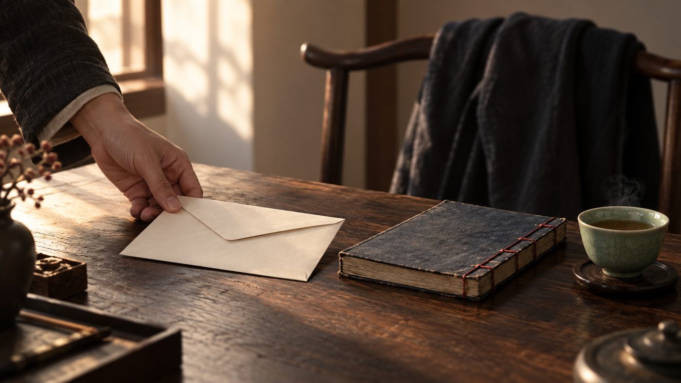 A hand setting a blank sealed envelope on a dark wooden desk beside a closed thread-bound almanac and a steaming cup of tea, a dark jacket draped over a chair behind in morning window light.