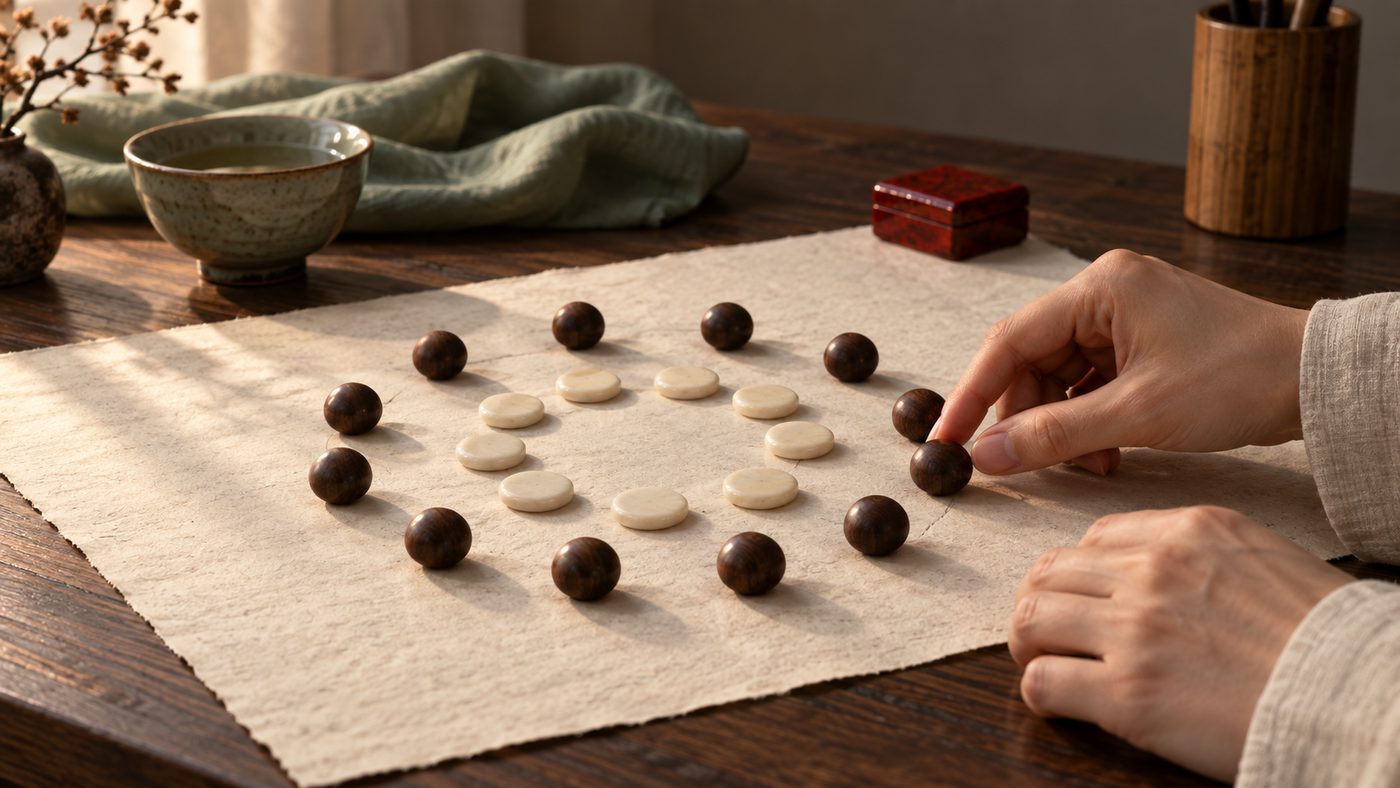 Two rings of counters on a sheet of rice paper in low side light, an inner ring of pale bone discs and an outer ring of twelve dark boxwood beads, while a hand in a linen sleeve nudges one bead forward.