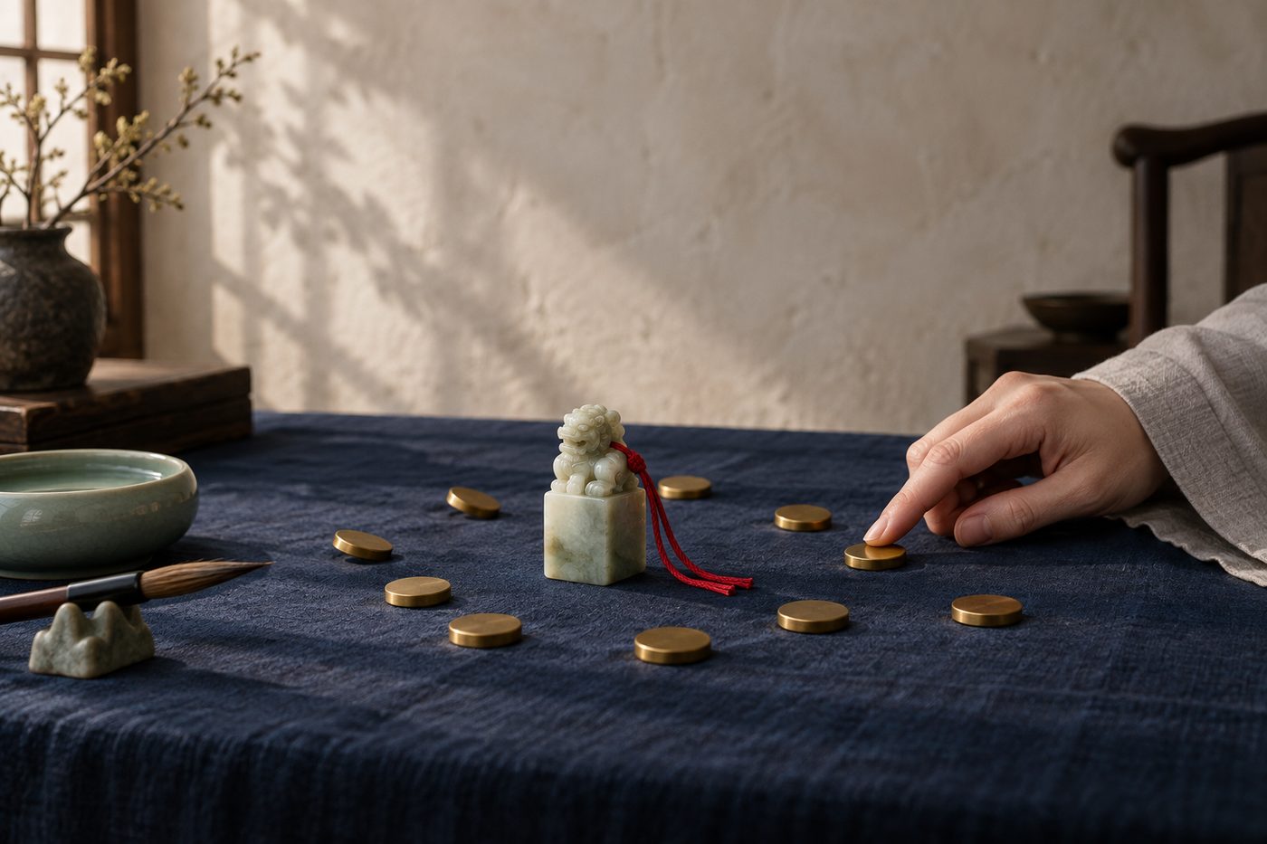 A small carved jade seal with a red silk thread standing at the center of a loose ring of small unmarked brass tokens on dark indigo cloth, a brush and a celadon water dish at the edge, lit from the left, while a hand in a pale gray sleeve touches the nearest token.