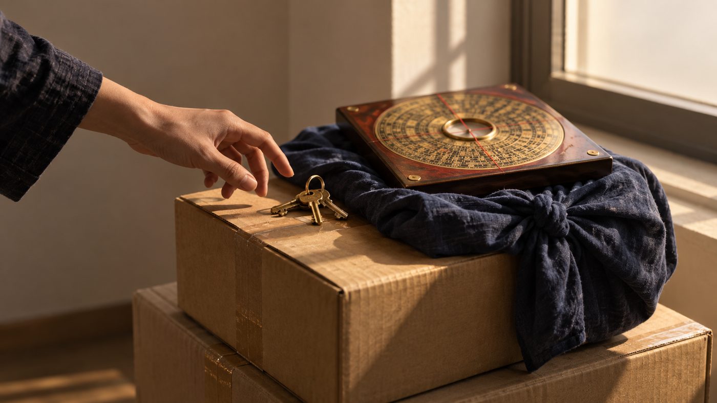 A feng shui compass resting on an indigo cloth-wrapped bundle atop taped moving boxes by a window, a set of brass keys beside it and a hand reaching in, in warm raking light.