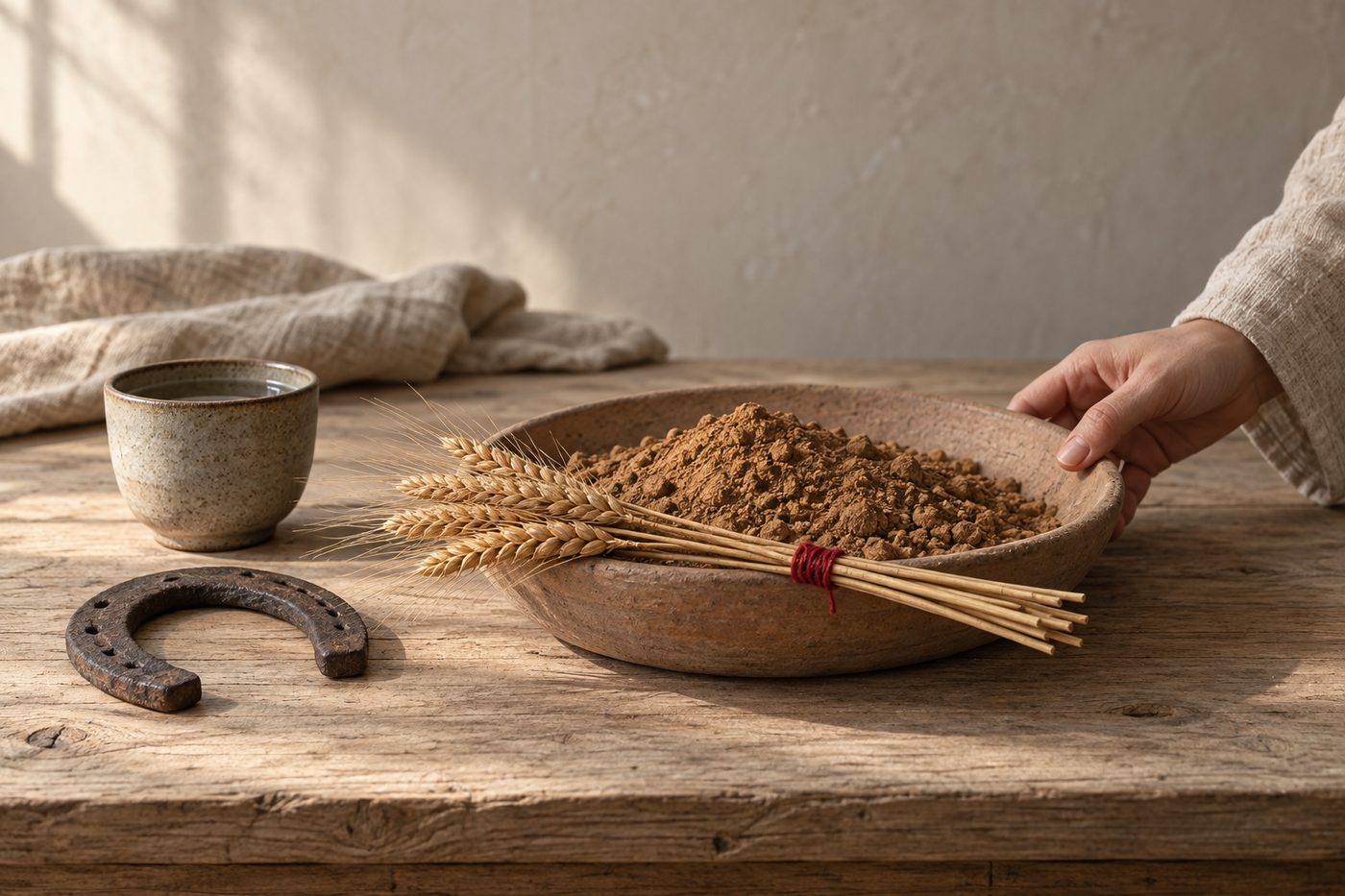 A shallow earthenware dish of dry ochre soil with a small bundle of wheat stalks tied in red thread resting across its rim, an old iron horseshoe and a stoneware cup of water beside it on a pale oak table, lit from the left, while a hand in an oatmeal linen sleeve rests on the dish.