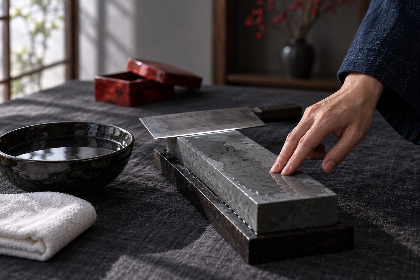 A wet gray whetstone on dark linen with a plain steel blade resting across its end so one bright line of edge catches the window light, a black bowl of water and a folded white towel beside it and a red lacquer box out of focus behind, while a hand in an indigo sleeve touches the stone.