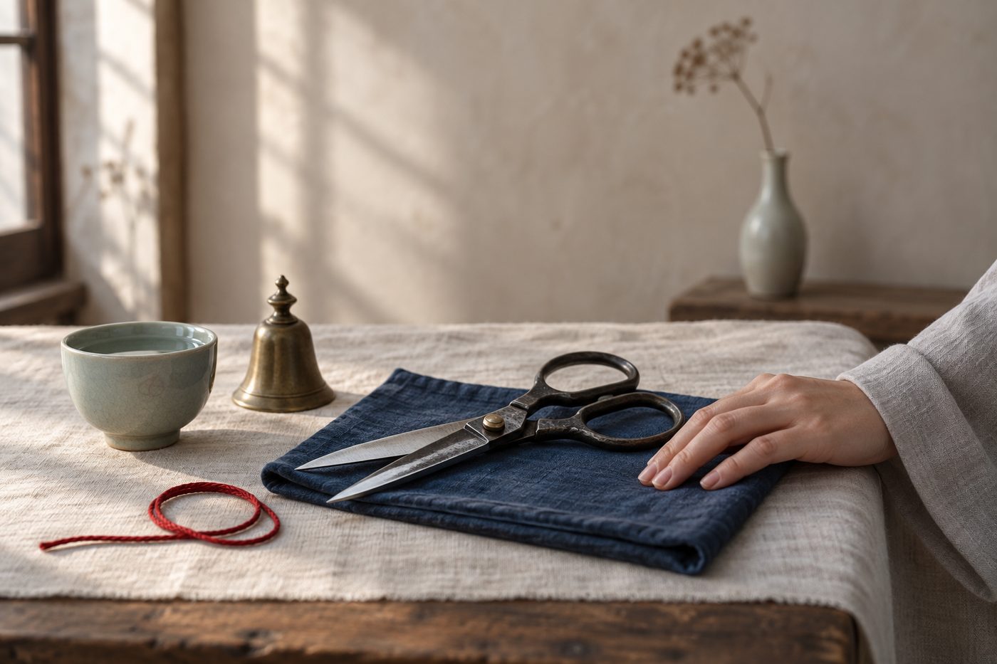 A pair of old forged-steel scissors lying half open on a folded square of indigo cotton, a small brass bell, a celadon cup of water and a loop of red cord beside them on pale linen, lit from the left, while a hand in a gray linen sleeve rests on the cloth.