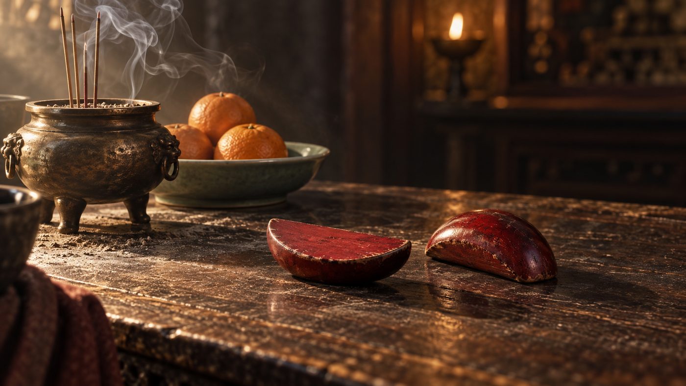 Two red crescent moon blocks on a worn wooden offering table, one lying flat face up and one rounded face up, beside a bronze incense burner and a dish of oranges in low smoky side light.
