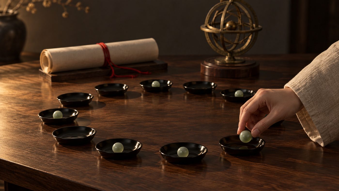 A ring of small black lacquer dishes on a walnut table, jade counters in a few of them, and a hand placing one more counter, with a scroll tied in red cord and a small bronze armillary behind.