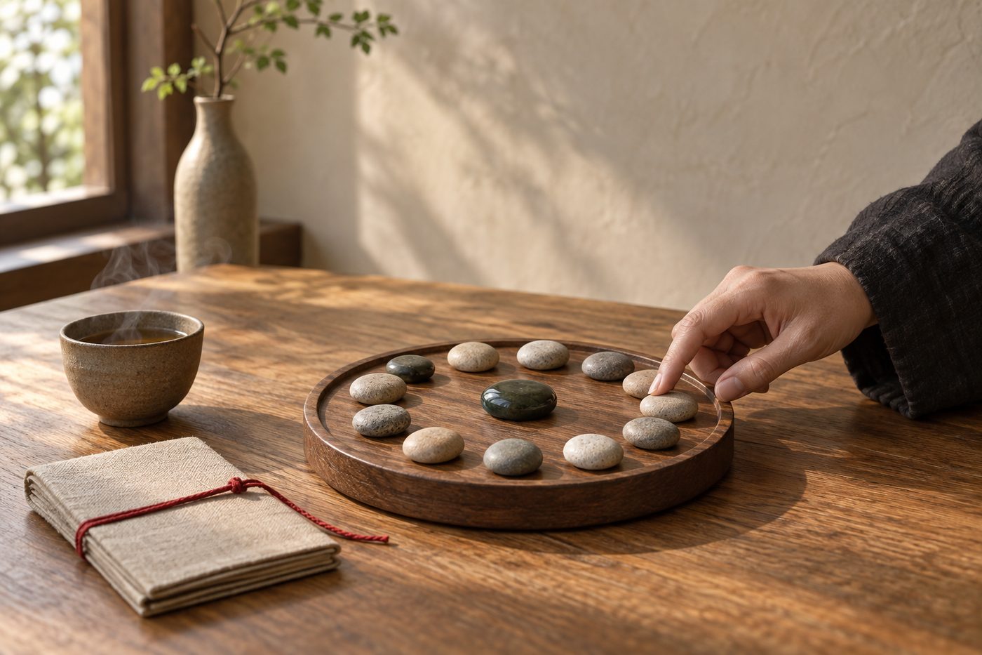 A hand placing the last of a ring of river stones on a round wooden tray, a cup of tea and a cloth-bound book tied with red cord beside it.