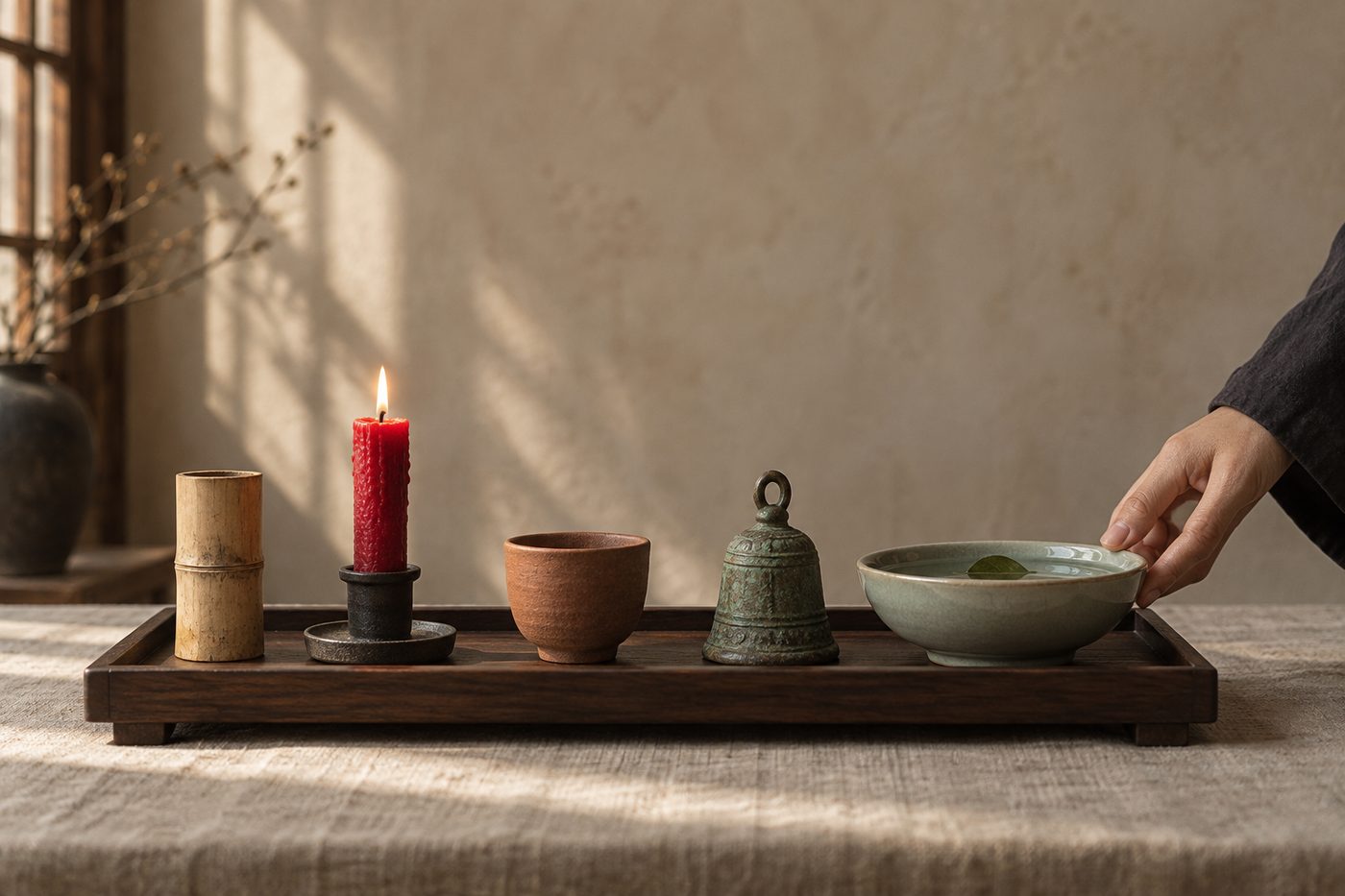 A low walnut tray on linen holds a short piece of bamboo, one lit red candle, a small unglazed clay cup, a patinaed bronze bell and a shallow celadon bowl of water with a single leaf, lit from the left, while a hand in a dark linen sleeve touches the bowl's rim.
