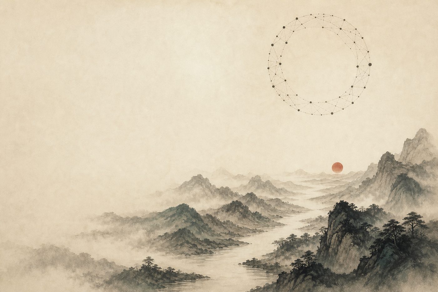 Sumi-e ink painting: a pale ring of stars floats like a moon above a river winding through misty mountain valleys, with a small cinnabar sun near the horizon.