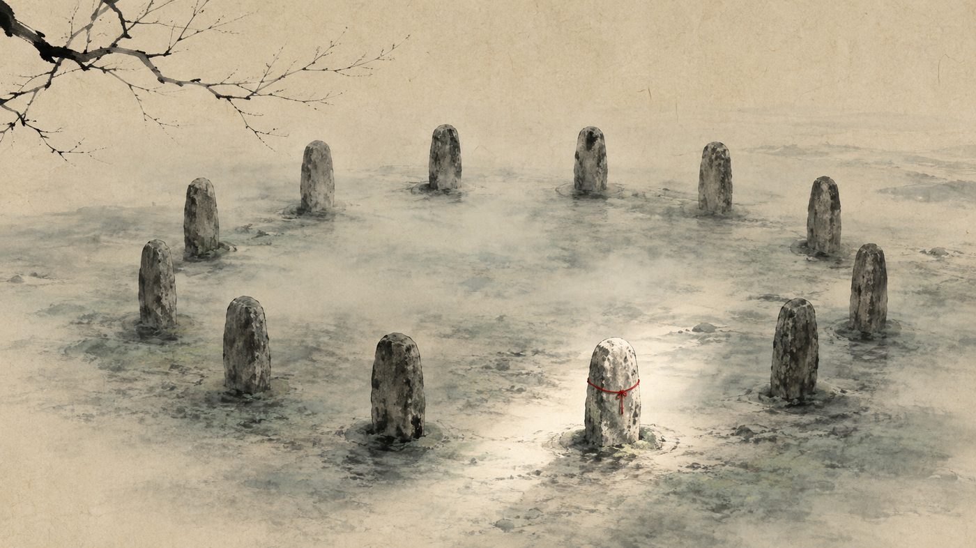 An ink-wash painting of twelve plain stone markers standing in a ring on misty open ground, with a thin red cord tied around the one stone that catches the light.