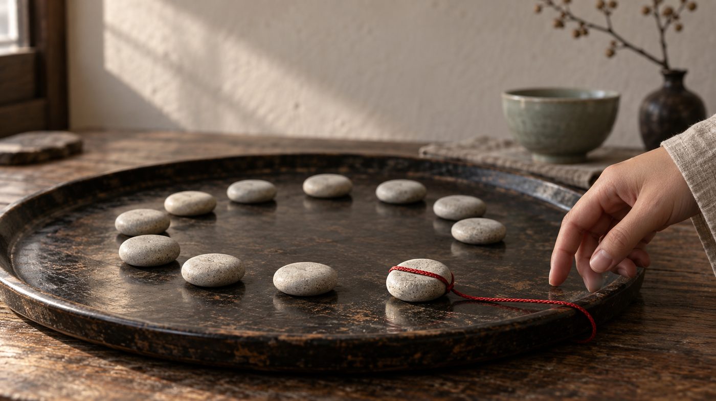 A ring of plain stone tokens on a dark lacquer tray, one of them drawn forward with a thin red cord looped around it as a hand withdraws.
