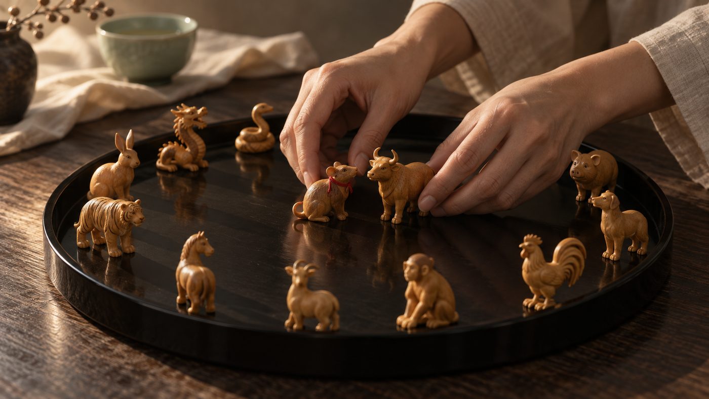 Twelve small boxwood zodiac animals standing in a ring on a black lacquer tray, a pair of hands setting the rat and the ox in place, a celadon cup and a vase of dried branches behind.