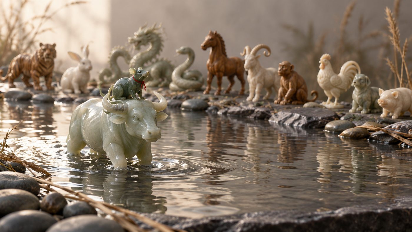 A small carved jade rat rides on the head of a jade ox wading through a shallow river, with the other zodiac animal figurines waiting on the far bank.