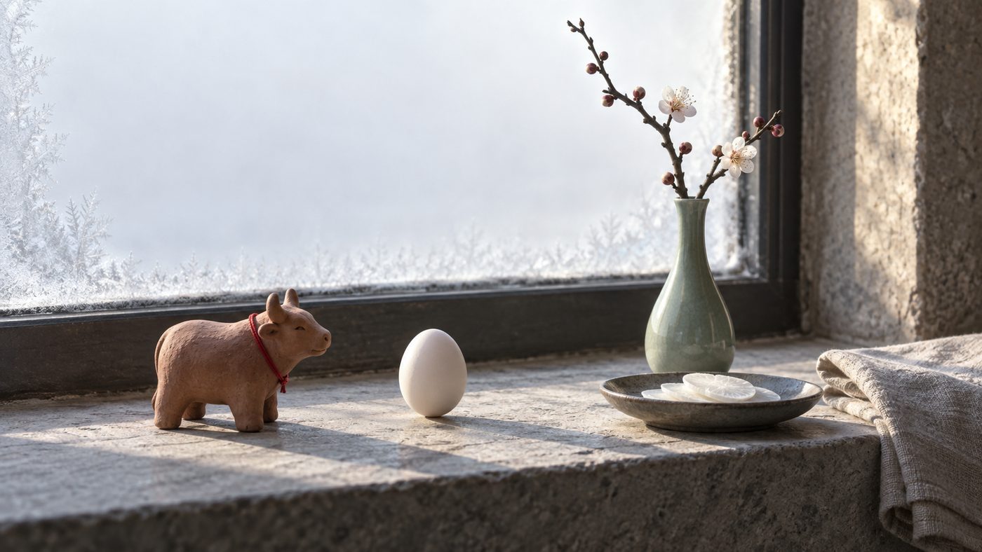 A small clay ox tied with red cord, an egg balanced upright on its end, a plum branch just coming into blossom and a dish of thin radish slices on a stone windowsill, frost on the glass behind.