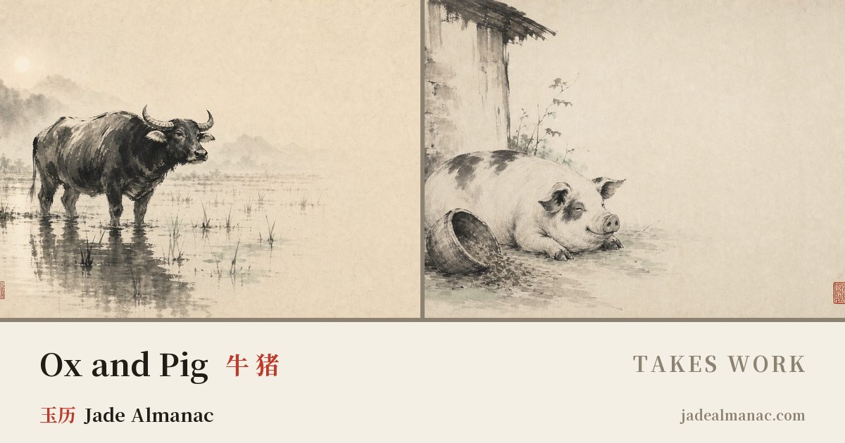 Share card: Ox and Pig, Takes work in the Chinese zodiac