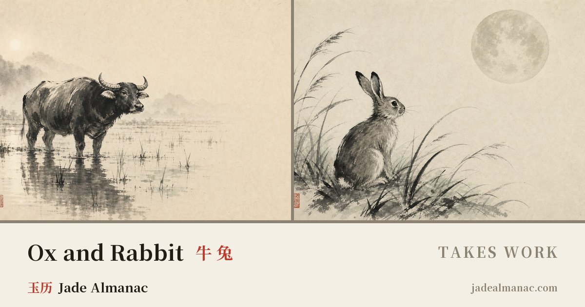 Share card: Ox and Rabbit, Takes work in the Chinese zodiac