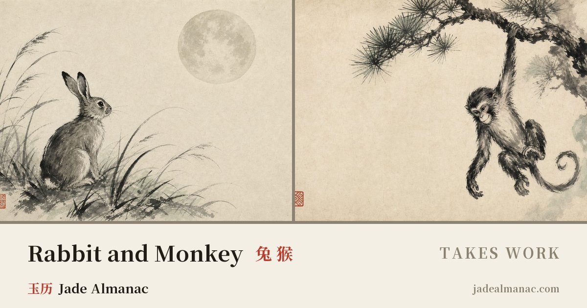 Share card: Rabbit and Monkey, Takes work in the Chinese zodiac