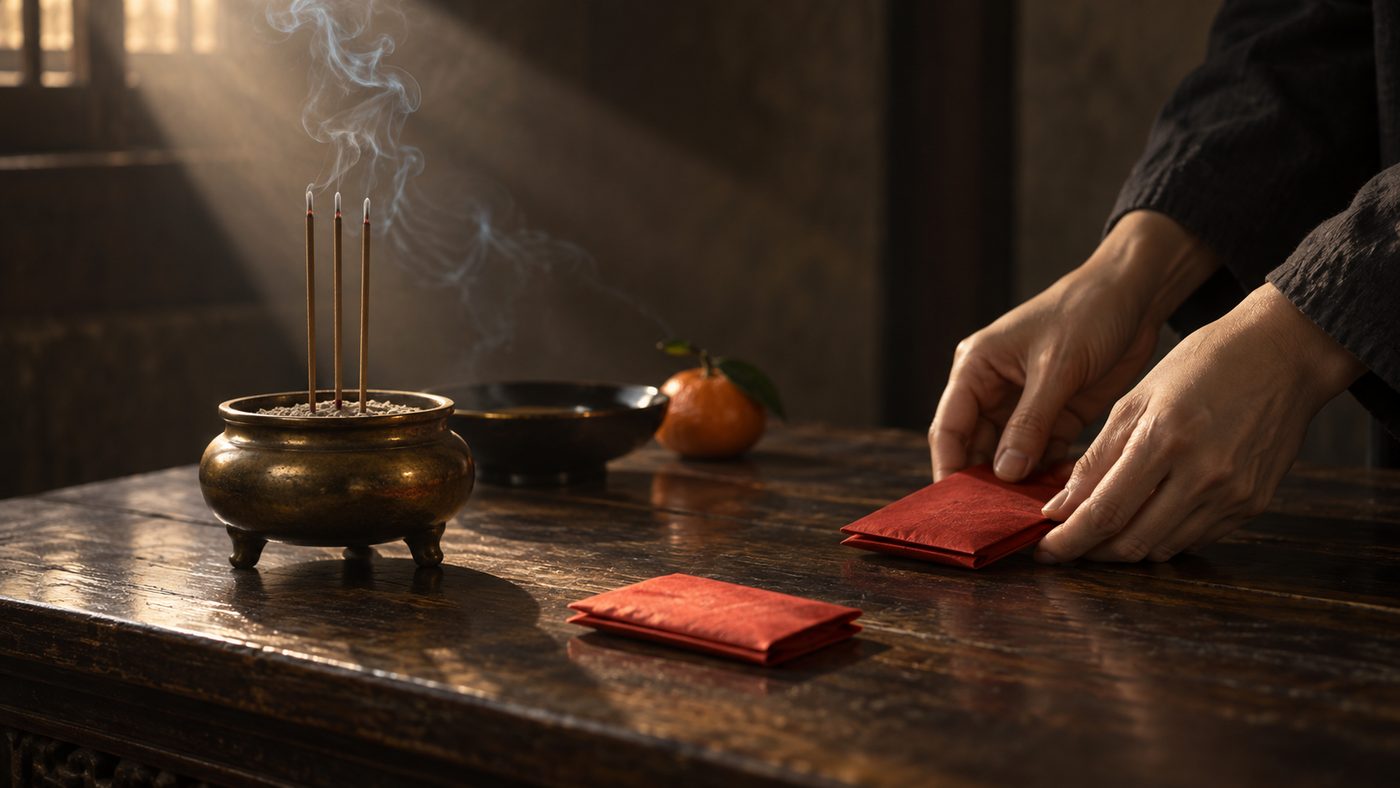 A small folded packet of blank red paper on a dark wooden temple table beside a bronze burner with three lit joss sticks, thin smoke rising into a shaft of window light, a tangerine and a black lacquer bowl behind, as a pair of hands sets down a second packet.
