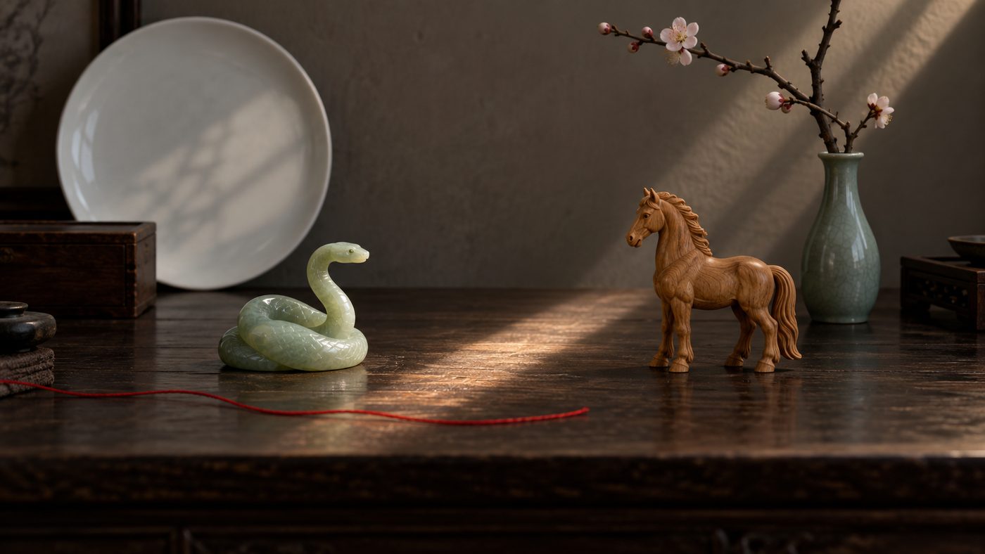 A jade snake and a boxwood horse, carved as small figurines, facing each other across a gap on a dark desk, a moon-white porcelain plate behind one and a budding plum branch behind the other, a stripe of sunlight falling across the wood between them.