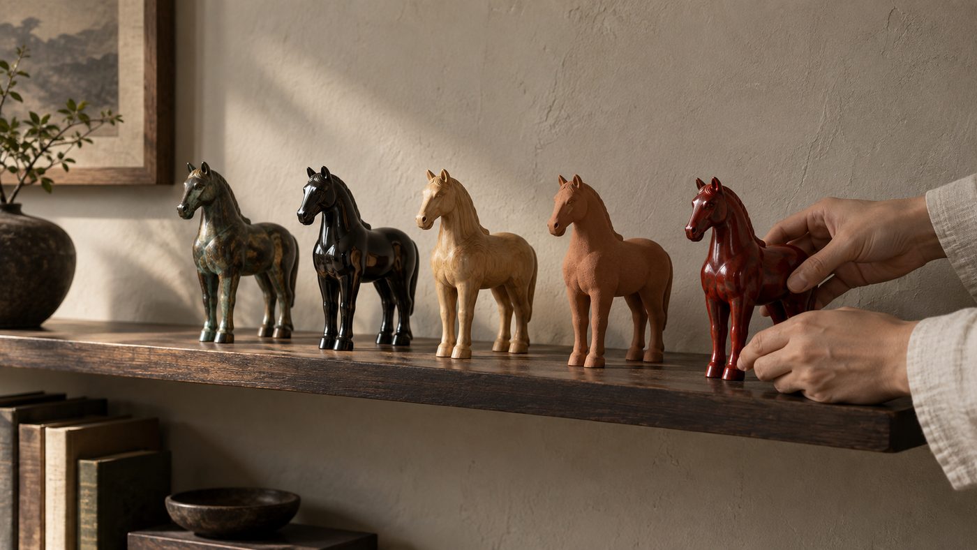 Five small carved horses in a row on a narrow wooden shelf, bronze, black ceramic, pale boxwood, terracotta and red lacquer, lit from the left, as a pair of hands sets the red one down at the end.